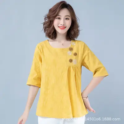 Women Yellow Embroidered T-Shirt 2025 Summer