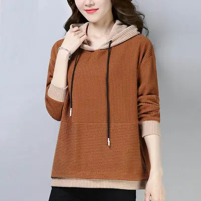Women Long Sleeve Hooded Sweatshirt Dark Blue Large