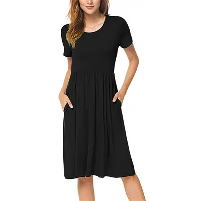 2025 Black Short Sleeve Dress for Women Round Neck Loose A-Line