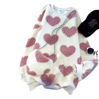 Plus Size Heart Print Wool Sweatshirt Women Autumn Winter Velvet