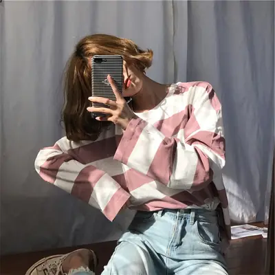 Autumn Long Sleeve Striped T-Shirt for Women Korean Style Loose Fit