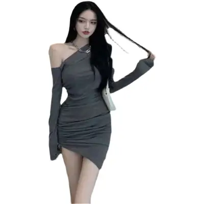 Women's Off-shoulder Black Slim Fit Hip Wrap Skirt Dress