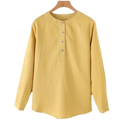 Women Cotton Linen Long Sleeve Collar Shirt Navy Blue Large