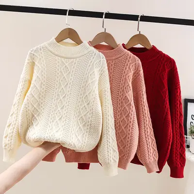 Girls' Pink Twist Coat Winter Coarse Wool Sweater