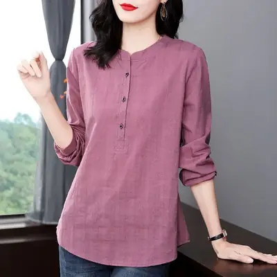 Plus Size Women's Long Sleeve Pure Cotton Shirt Purple