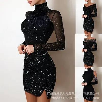 Black V-Neck Pleated Satin Dress ODS1013C Series
