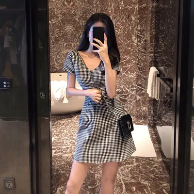 Women V-Neck Plaid Shorts Dress Summer Slim Fit