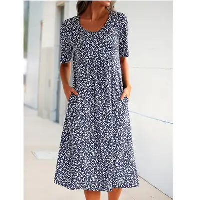 Orange Floral Flap Pocket Mid-Length Dress
