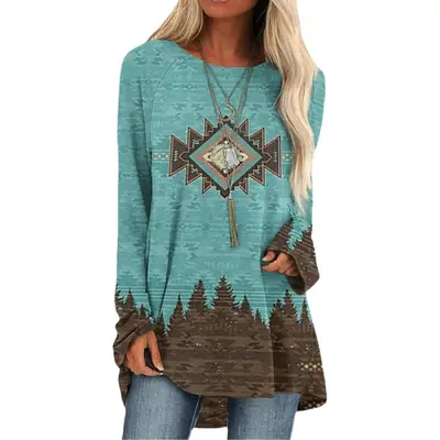2022 Foreign Trade Cross-border Women's Fashion Loose Round Neck Digital Printing Western Style Long Sleeve Top 6925