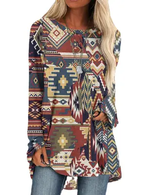 2022 Foreign Trade Cross-border Women's Fashion Loose Round Neck Digital Printing Western Style Long Sleeve Top 6926