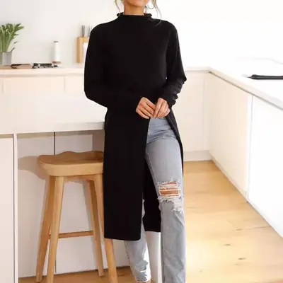 2024 Long Sleeve Long Coat Slit Dress Black