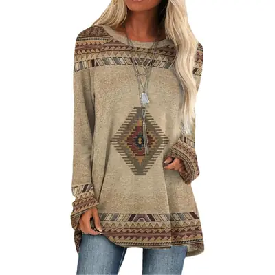 2022 Foreign Trade Cross-border Women's Fashion Loose Round Neck Digital Printing Western Style Long Sleeve Top 6931