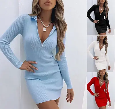 White Long Sleeve V-Neck Dress with Zip Front