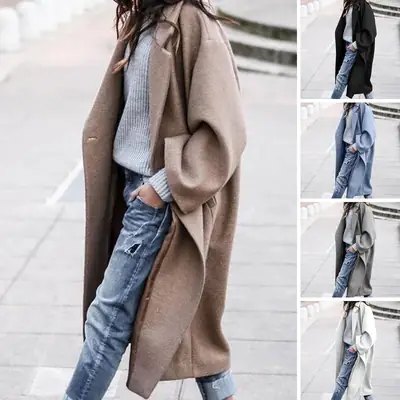 Women's Woolen Outfit Grey Long Coat Casual Warm Winter Wear