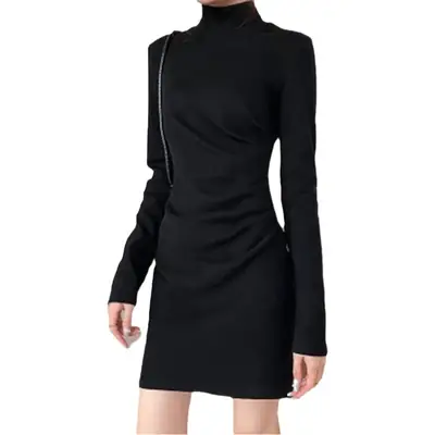 French 2024 Black Pleated Slim Fitting Bottom Dress