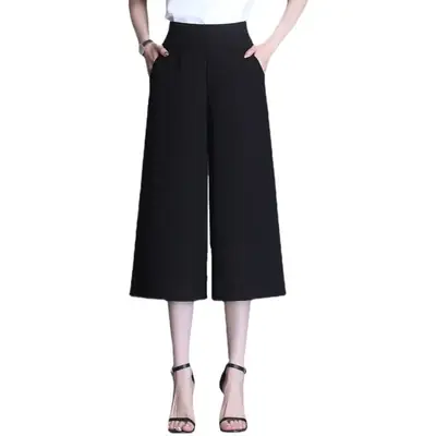 Women Black Chiffon Wide Leg Pants High Waist Cropped