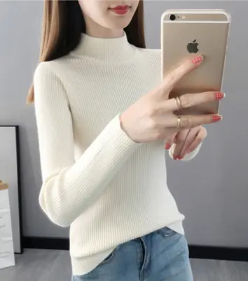 Korean Style Sweater with Half-High Collar for Women