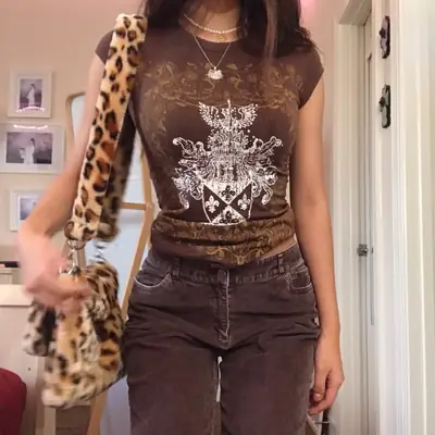 Women Printed T-Shirt Brown Cream Round Neck Short Sleeve