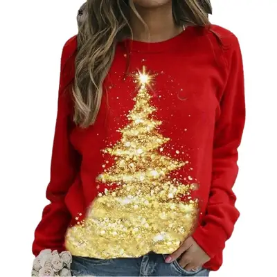 2024 Christmas Printed Crewneck Pullover Women Red