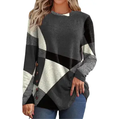 Women Button Geometric Contrast T-Shirt Spring 2025