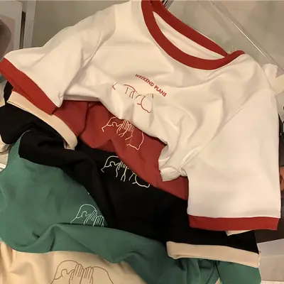 Women Crossbody T-Shirt Red Half Sleeve Korean Style