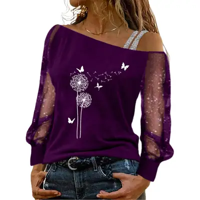 Maroon Dandelion Embroidered Mesh Long Sleeve T-Shirt