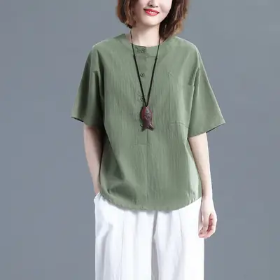 Women Cotton Linen Short Sleeve Green Top