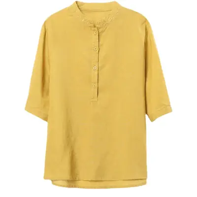 Women Cotton Linen Short Sleeve Shirts Yellow 2025