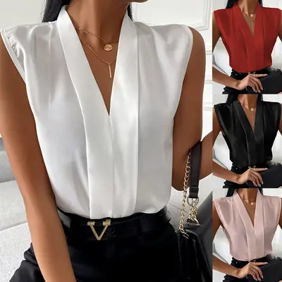 V Neck Chiffon Sleeveless Top Shirt White Black Belt