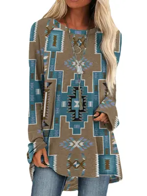 2022 Foreign Trade Cross-border Women's Fashion Loose Round Neck Digital Printing Western Style Long Sleeve Top 6927