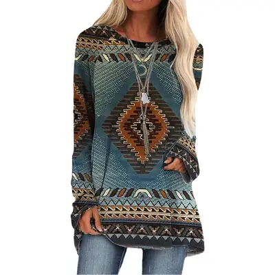 2022 Foreign Trade Cross-border Women's Fashion Loose Round Neck Digital Printing Western Style Long Sleeve Top 6935