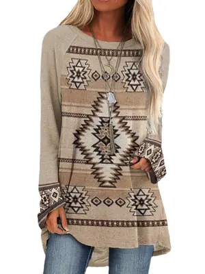 2022 Foreign Trade Cross-border Women's Fashion Loose Round Neck Digital Printing Western Style Long Sleeve Top 6929
