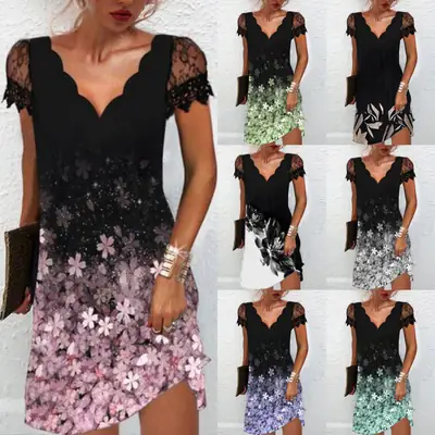 Black Floral Lace V Neck Dress for Women