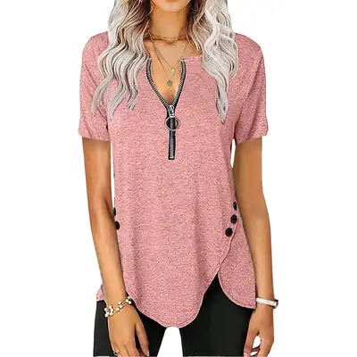 Blue V-Neck Zipper Button T-Shirt for Women
