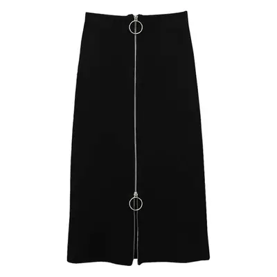 Black Korean Mid-Length Fat Weight Skirt with Zip Front