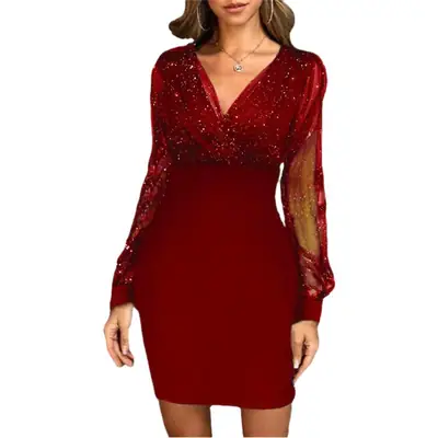 Maroon Sequin V-Neck Slim Fit Dress for Women