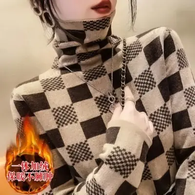 Women Plaid Turtleneck Sweater 2021 Winter Pile Collar
