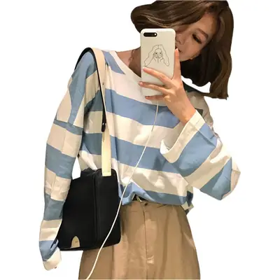 Autumn Long Sleeve Striped T-Shirt for Women Korean Style Loose Fit