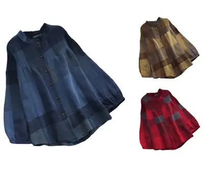 Women Retro Plaid Long Sleeve Shirt Red