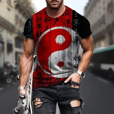 3D Yin Yang Gossip Printed Red Black T-Shirt for Men