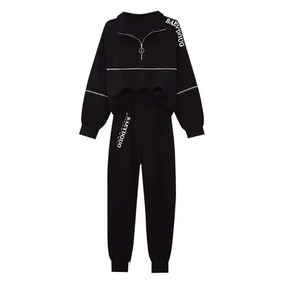 Women's Black Zipper Sweatpants Set Large European Style
