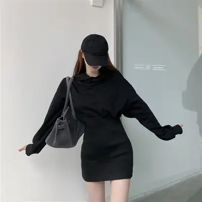 Women Fleece Lined Hooded Skirt Set Black