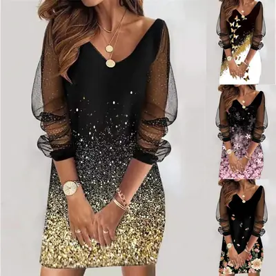 Black Sequin Perspective Mesh Women's Dress