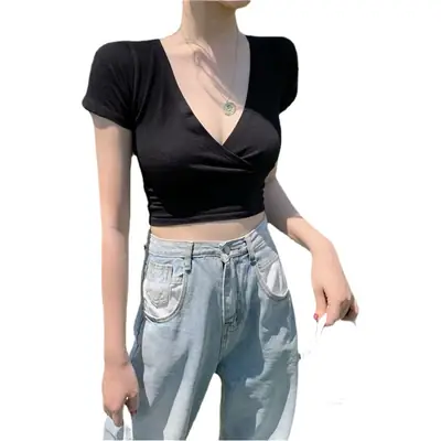 Women Black V-Neck Crop T-Shirt 2025 Summer