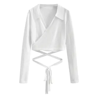 Women's White Collar Sweater with Cross Strap Bottom