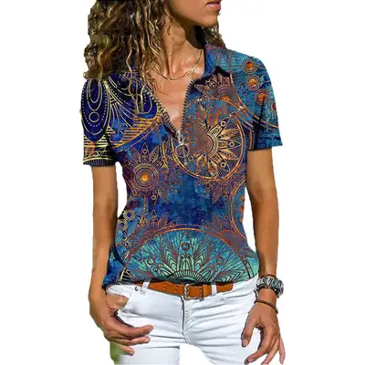 Women Zipper Top T-Shirt Ethnic Bohemian Hot Sale 2022