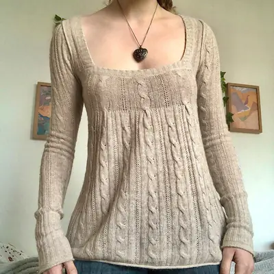 Knitted Khaki Women's 2022 Sweater with Square Collar