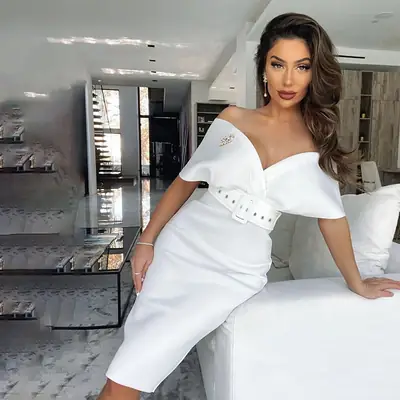 Off-Shoulder Beige High Waist Dress Belt Set