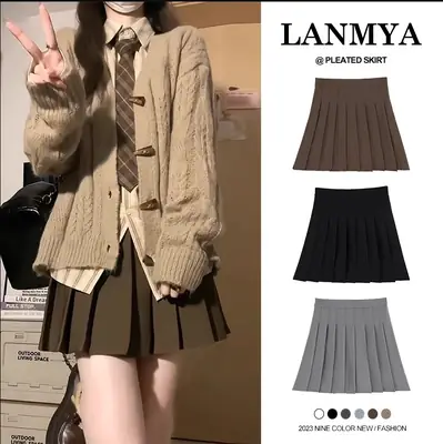Gray Pleated Skirt Short Skirt for Women Summer Japanese Style High Waist Autumn Winter New Plaid Black Large Size A-Line Skirt
