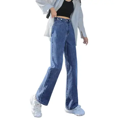 Waist Adjustable Jeans Women 2022 Straight Wide Leg